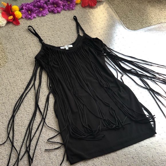 Peep Toe Black Fringe All Over Mini Dress - Picture 13 of 14